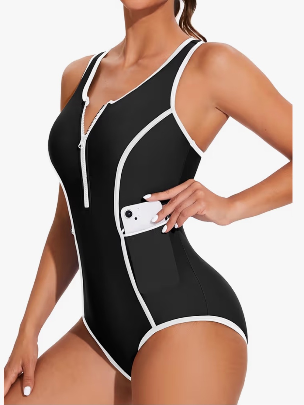 Charmo NWT L Black White Zip-Front & pockets upf 50 racerback Swimsuit